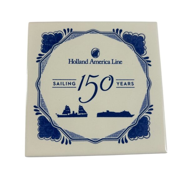 Holland America Line Sailing 150 Years Blue Delft Tile Coaster Royal Goedewaagen - Picture 2 of 6